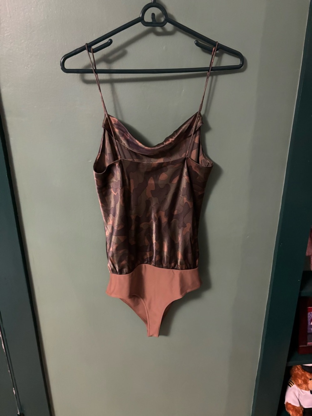 Cami NYC Camo Satin Cowl Neck Bodysuit in Brown and Pink - Picture 6 of 6
